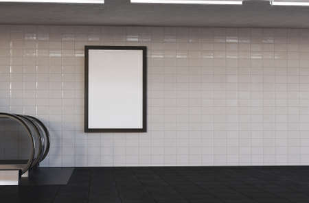 3D Illustration. Mockup of blank vertical billboard poster on subway station. Adversiting and...