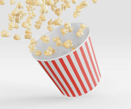 3D Illustration. Red and white bucket with popcorn flying out of it on isolated white background. Entertainment box. Candy concept. Cinema snack.の写真素材