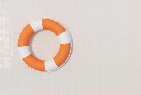 3D Illustration. Orange and white lifebuoy ring holding on wall. Lifebuoy for safety.
