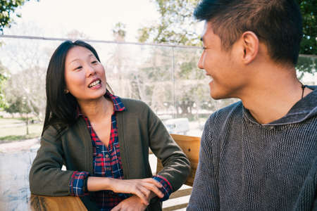 Portrait of young Asian couple enjoying a date and spending good time together Love concept.の写真素材