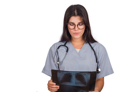 Female doctor with stethoscope and bone scan.