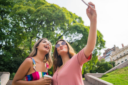 Two friends taking selfie with phone outdoors.の写真素材