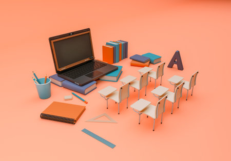 3D Illustration. School supplies and items with a laptop. E-learning and online education concept.の写真素材