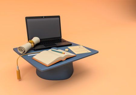 3D Illustration. A graduation cap with education items and laptop. E-learning and online education concept.の写真素材