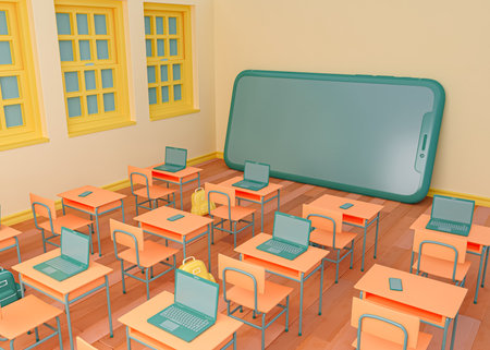 3D Illustration. School classroom with a smartphone in front. E-learning and online education concept. New normal lifestyle.の写真素材