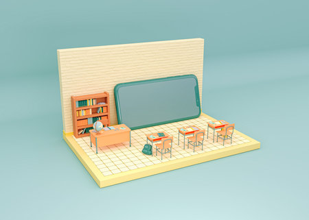 3D Illustration. School classroom with a smartphone in front. E-learning and online education concept. New normal lifestyle.の写真素材