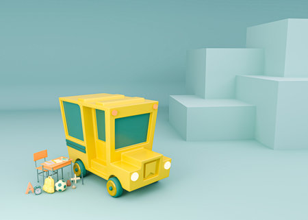 3D Illustration. School bus with school supplies. Back to school. Education concept.