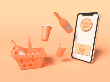 3D Illustration. Smartphone with a shopping cart and products.の写真素材