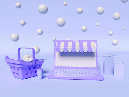 3D Illustration. Laptop with a shopping basket and bags.の写真素材