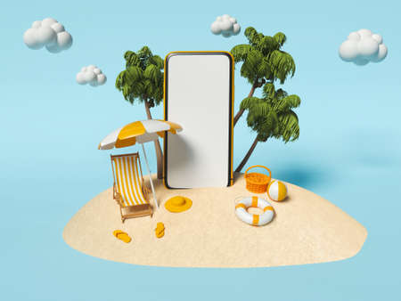 3d beach with Smartphone. Summer concept
