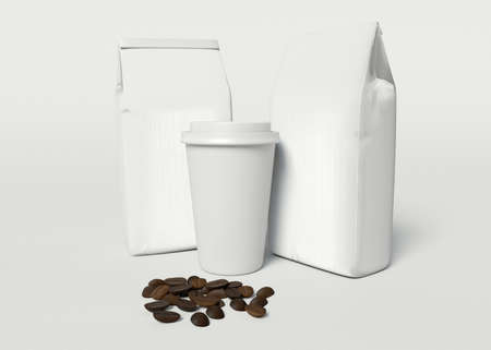3D Illustration. Take away coffee cup and paper bags mockup.の写真素材