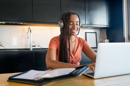 Woman working at home. Home office.の写真素材