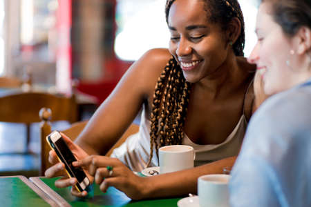 Two female friends using a mobile phone while sitting in a coffee shop.