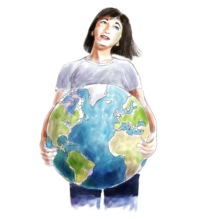 Digital sketch of a woman carrying the worldの写真素材