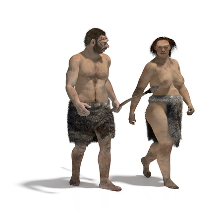 Digital illustration of a man and a woman of neanderthal walkingの写真素材