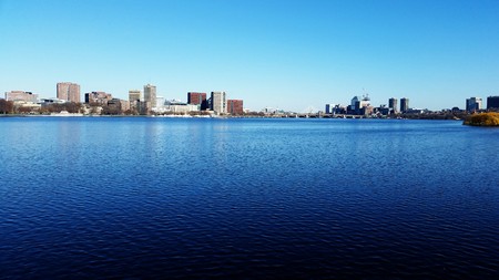 Charles River Basin from the Harvard Bridge in Boston, Massachusettsの写真素材