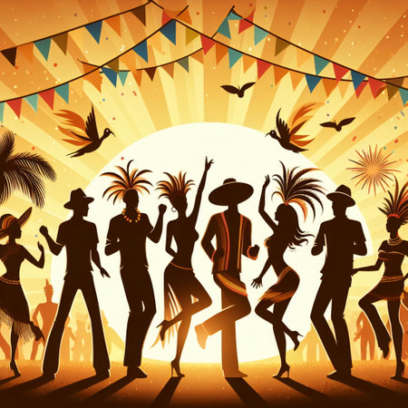 Brazilian carnival background with silhouettes of dancing people, vector illustrationの素材
