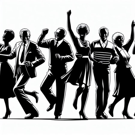 Group of dancing people. Vector illustration in black and white colors.の素材