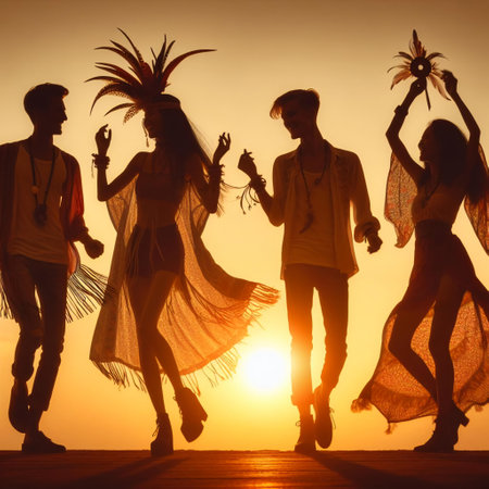 Group of friends dancing on the beach at sunset, silhouettes.の素材