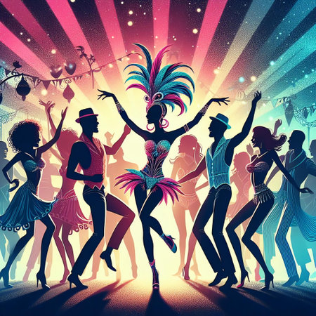 Carnival illustration with dancing people silhouettes. Vector illustration.の素材