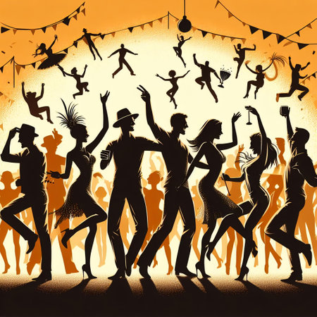 Silhouettes of dancing people at a party. Vector illustration.の素材