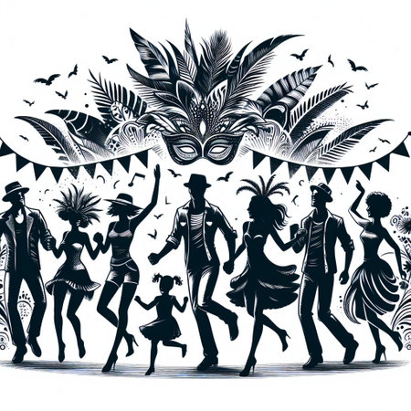 Brazilian carnival. Silhouettes of dancing people and masks.の素材