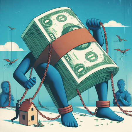 Dollars chained to a house. Conceptual illustration about debt. money, coins, banknotes, extra income, wealth, prosperity, gold, treasure, millions of dollars, abundance, get rich.の素材