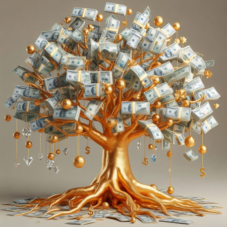Money tree. 3d illustration. Financial concept. Money tree.money, coins, banknotes, extra income, wealth, prosperity, gold, treasure, millions of dollars, abundance, get rich.の素材