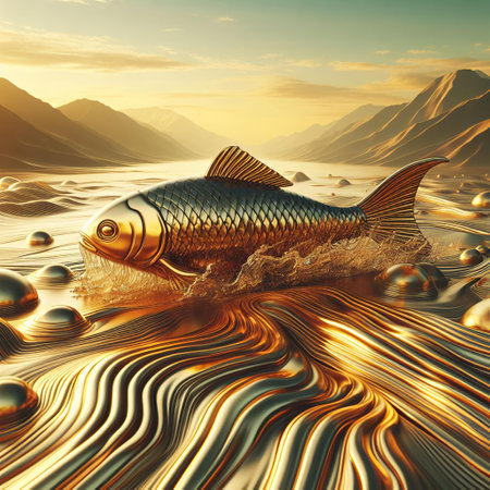 3D rendering of a golden fish in the sea with waves and mountains. money, coins, banknotes, extra income, wealth, prosperity, gold, treasure, millions of dollars, abundance.の素材