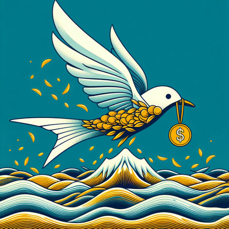 Vector illustration of a flying seagull with a gold coin. money, coins, banknotes, extra income, wealth, prosperity, gold, treasure, millions of dollars, abundance, get rich.の素材