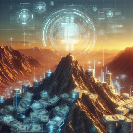 Futuristic technology background with money on the top of the mountain. money, coins, banknotes, extra income, wealth, prosperity, gold, treasure, millions of dollars, abundance.の素材