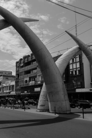 Mombasa, Kenya - September 18, 2017: Street in Mombasa, metal elephant tusksのeditorial素材