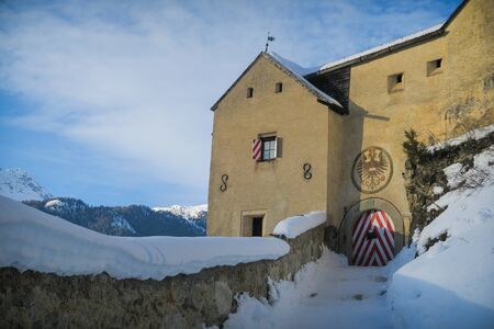 Tarasp Graubuenden Switzerland, january 19, 2019, Beautiful castle in Tarasp, Engadinのeditorial素材