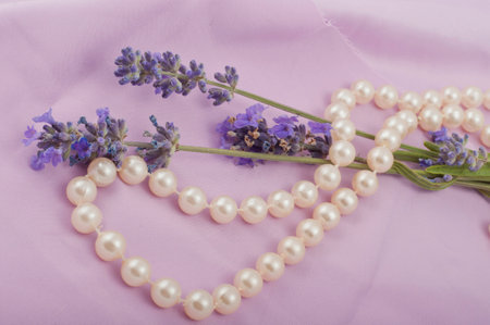 romantic composition of the branches of blooming lavender and necklacesの写真素材
