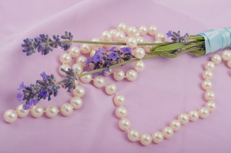 romantic composition of the branches of blooming lavender and necklacesの写真素材