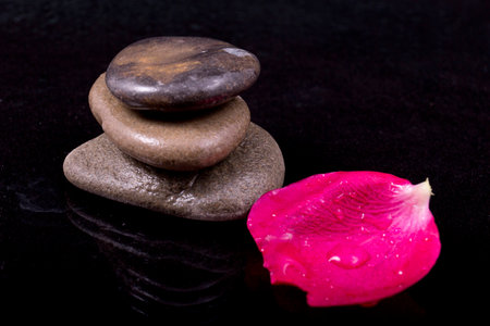 wet stones rose petal with water drop on black background macroの写真素材