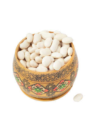 white beans in a wooden barrel separately on a whiteの写真素材