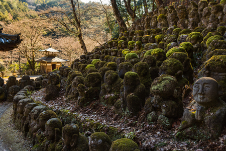 KYOTO, JAPAN - 07 FEB 2018: Kawaii little buddhas statues in Otagi Nenbutsu-ji temple in Kyotoのeditorial素材