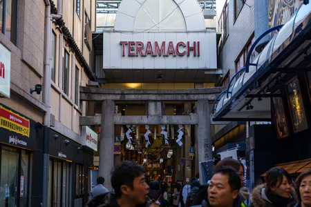 KYOTO, JAPAN - 07 FEB 2018:KYOTO, JAPAN - 07 FEB 2018: People and tourists walking on Teramachi commercial street entrance, signs and lanterns in Kyotoのeditorial素材