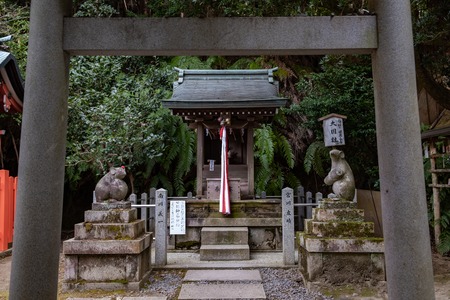 KYOTO, JAPAN - 08 FEB 2018: Two mice statues and shrine framed between torii gate on Otoyo Jinja shrine of Kyotoのeditorial素材