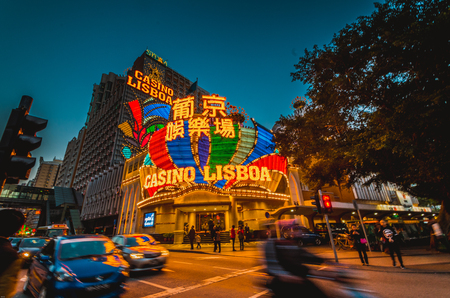 Exterior view of the Grand Lisboa Casino at nightのeditorial素材