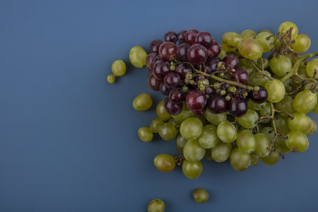 top view of grapes on blue background with copy spaceの写真素材