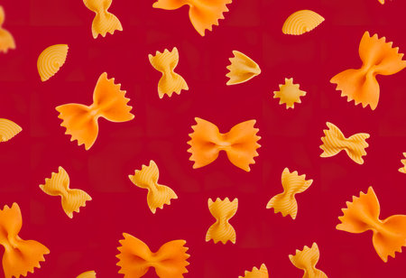 top view of pattern of farfalle pasta on red backgroundの写真素材