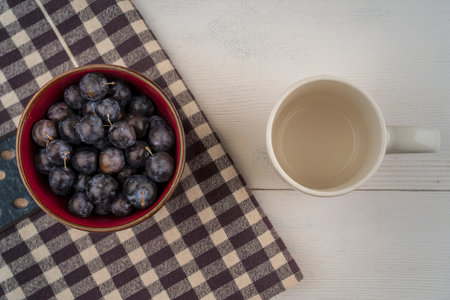 top view of the small sour blue-black fruit sloes on a bowl on a checked tableclothの写真素材