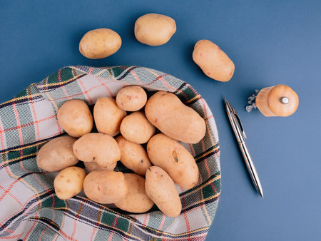 top view of potatoes in basket with salt on plaid cloth on blue backgroundの写真素材