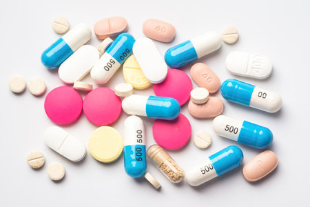 different color tablets and Pill capsule on white background, flat lay