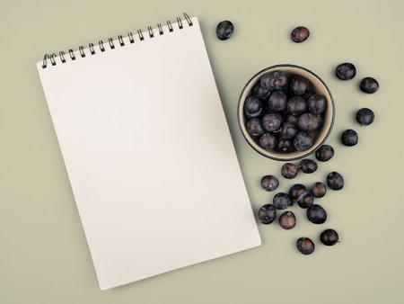 top view of the small sour blue-black fruit sloes on a bowl on a green backgroundの写真素材