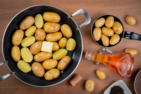 top view of potatoes in pan with salt melted butter black pepper seeds on plaid clothの写真素材