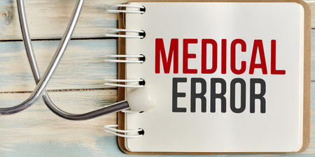 text MEDICAL ERROR words on a notebook on wooden tableの写真素材