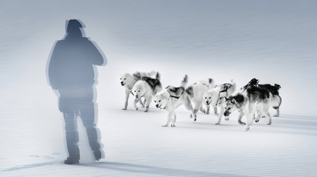 Dog sledding through the snow in Greenlandの写真素材